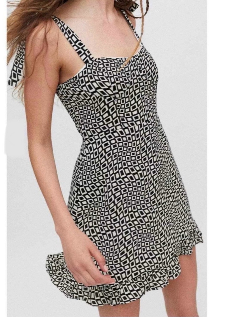 Urban Outfitters Black and White Geometric Tie-Shoulder Mini Dress